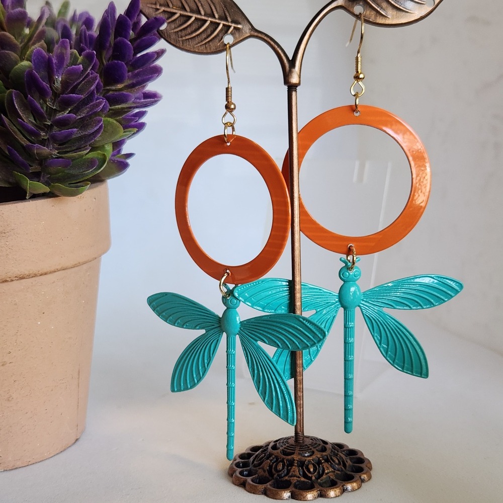Orange Hoop‎ Turquoise Dragonfly Dangle Earrings Statement Nature Jewelry Women